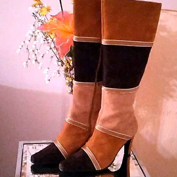 Earth Tones Colorblock Suede Boots - Picture 2 of 5